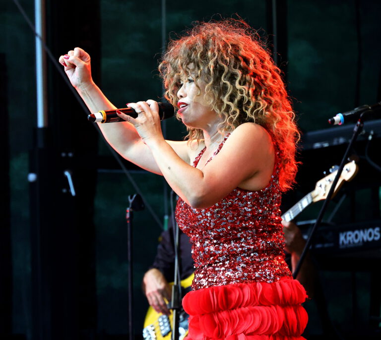 a woman singing Tina Turner songs into a microphone